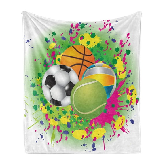 Sports Soft Flannel Fleece Throw Blanket, Pattern of Sports Balls on Watercolors Splash Vibrant Art Graphic Kids Playroom, Cozy Plush for Indoor and Outdoor Use, 50" x 60", Multicolor, by Ambesonne