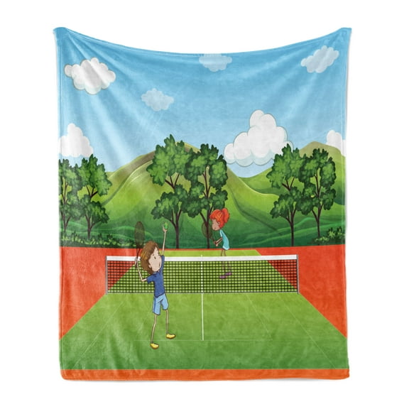 Sports Soft Flannel Fleece Throw Blanket, Siblings Little Friends Playing Tennis Fun Time in Park Exercise with Buddies, Cozy Plush for Indoor and Outdoor Use, 60" x 80", Multicolor, by Ambesonne