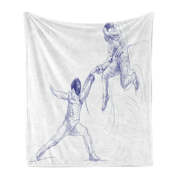 Sports Soft Flannel Fleece Throw Blanket, Sketch of 2 Sportsman Fencing Duel Agility Attack Discipline Sports Hobby, Cozy Plush for Indoor and Outdoor Use, 50" x 60", Violet Blue White, by Ambesonne