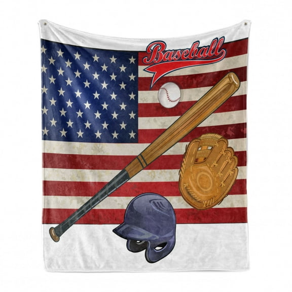Sports Soft Flannel Fleece Throw Blanket, USA American Flag and Baseball Equipment Championship Tournament Inspired Artwork, Cozy Plush for Indoor and Outdoor Use, 70" x 90", Multicolor, by Ambesonne