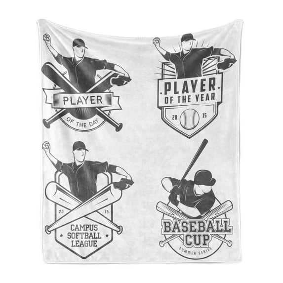 Sports Soft Flannel Fleece Throw Blanket, Vintage Baseball and Softball with Championship Winner Victory Theme, Cozy Plush for Indoor and Outdoor Use, 50" x 70", Charcoal Grey White, by Ambesonne
