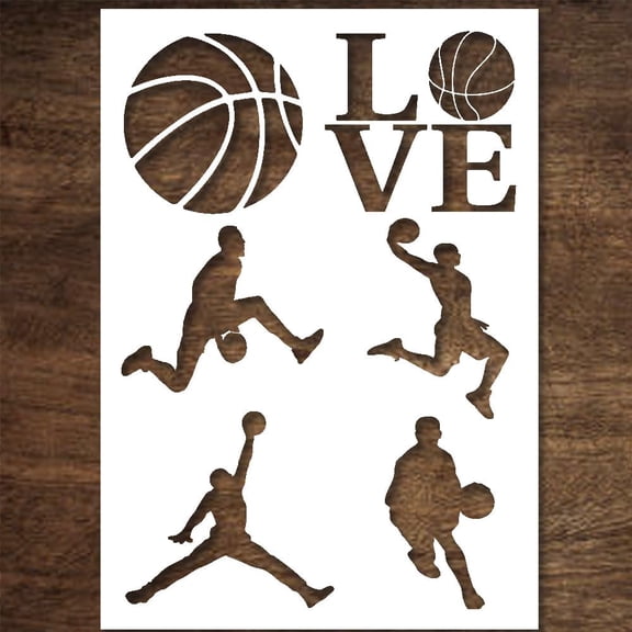 Sports Stencils, Basketball Stencil with 6 Images,Reusable Plastic Template for Painting on Wood Drawings Woodburning Canvas DIY Decor (Basketball Stencil)