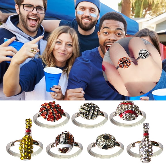 Sports Style Football Volleyball Basketball Softball Ring Fashion Unique Rings Jewelry, Silver 1Pack