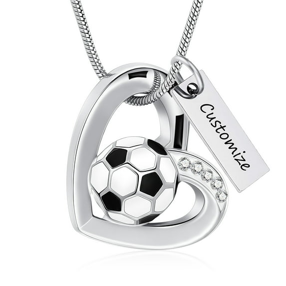 Sports Style Personalized Urn Necklace for Ashes - Heart with Soccer / Rugby / Basketball / Volleyball Keepsake Cremation Necklace for Women / Men Memorial Necklace