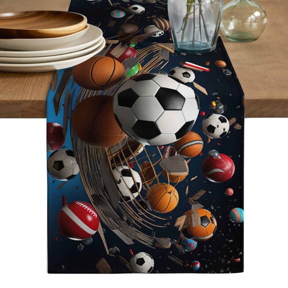 Sports Table Runner, Football Basketball Baseball Ball Games Washable Cotton Linen Table Runners 36 Inches Long, Dresser Scarf Runner for Nightstand/End Tables/Round Tables 13''x36''
