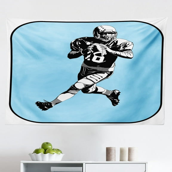 Sports Tapestry, American Football Character Running Passing Gridiron Goal Dotted Art Graphic Design, Fabric Wall Hanging Decor for Bedroom Living Room Dorm, 2 Sizes, Black White, by Ambesonne