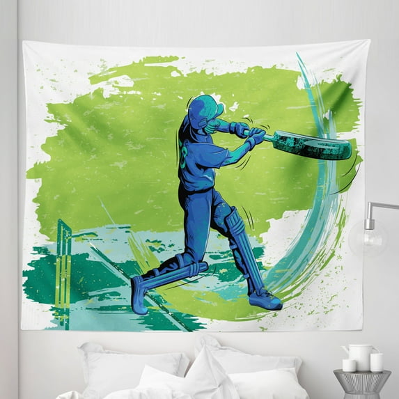 Sports Tapestry, Cricket Player Pitching Win Game Champion Team Paintbrush Effect, Fabric Wall Hanging Decor for Bedroom Living Room Dorm, 5 Sizes, Lime Green Turquoise, by Ambesonne