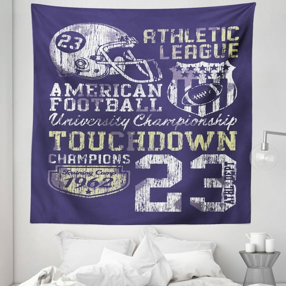 Sports Tapestry, Retro Style American Football College Theme Illustration Athletic Championship Apparel, Fabric Wall Hanging Decor for Bedroom Living Room Dorm, 5 Sizes, Purple, by Ambesonne