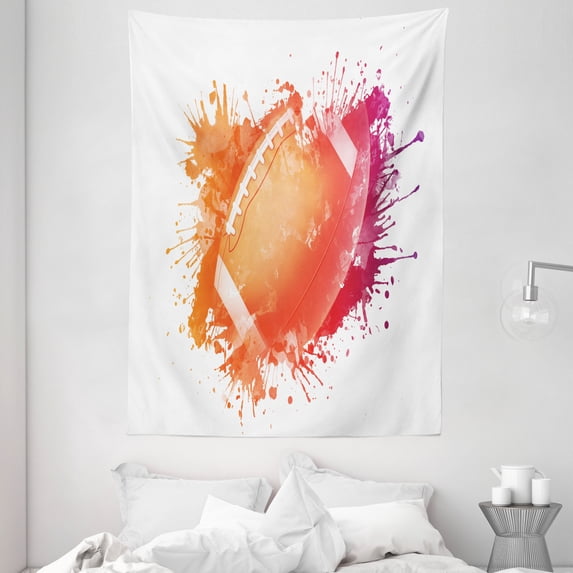 Sports Tapestry, Rugby Ball in Digital Watercolors Splash Recreational Leisure Sports Run Design, Wall Hanging for Bedroom Living Room Dorm Decor, 60W X 80L Inches, Orange Red, by Ambesonne