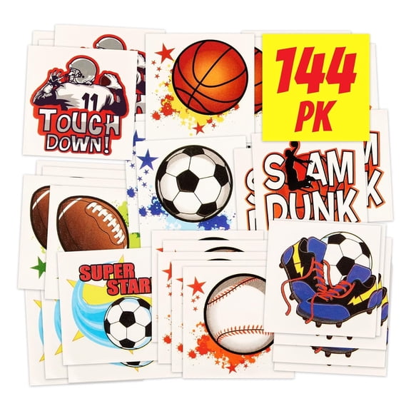 Sports Tattoos - 144 Pack - Assorted Goofy Sports Designs Tattoos - 2 Inches - Easy to Apply, Water-Based Ink - Sports Party Favors, Bag Stuffers, Fun Gifts - Safe for Kids, Ages 5+