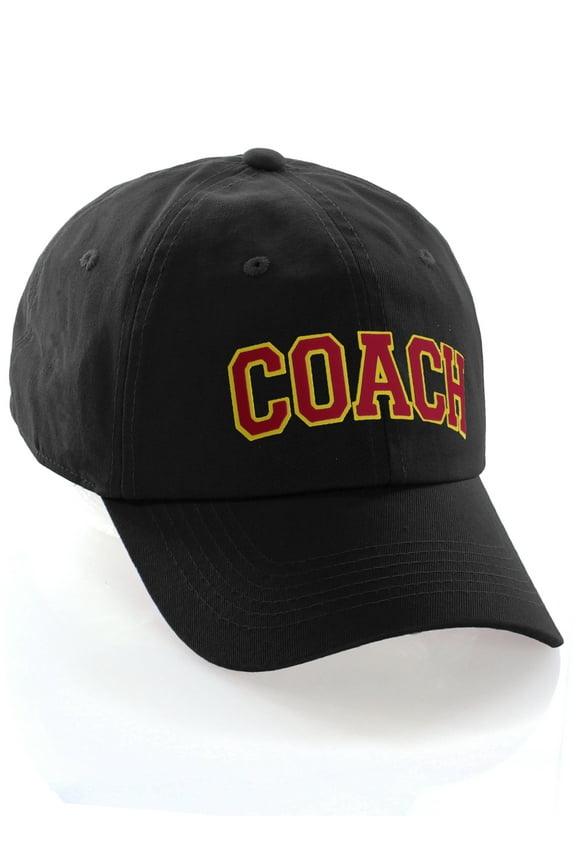 Sports Team Coach Baseball Hat Layered Arch Letters Unstructured Low Profile Cap, Black Hat Gold Red Letters