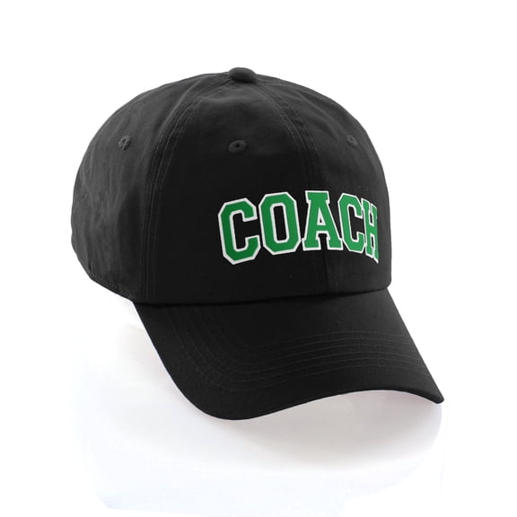 Sports Team Coach Baseball Hat Layered Arch Letters Unstructured Low Profile Cap, Black Hat White Green Letters