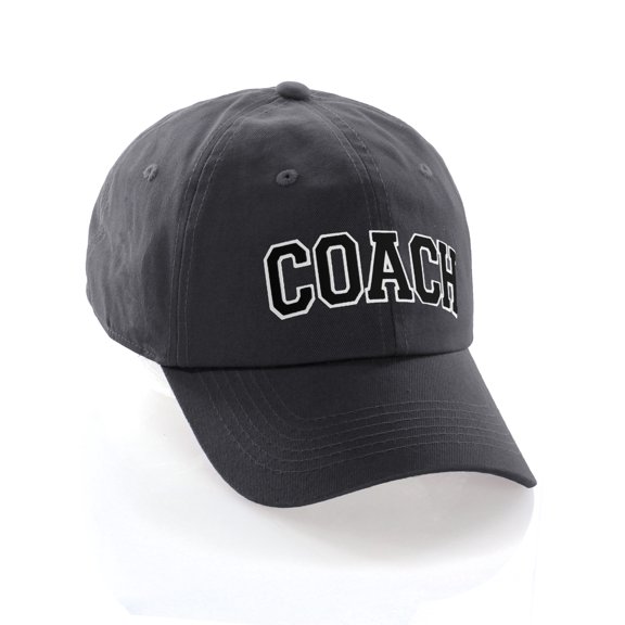 Sports Team Coach Baseball Hat Layered Arch Letters Unstructured Low Profile Cap, Grey Hat White Black Letters