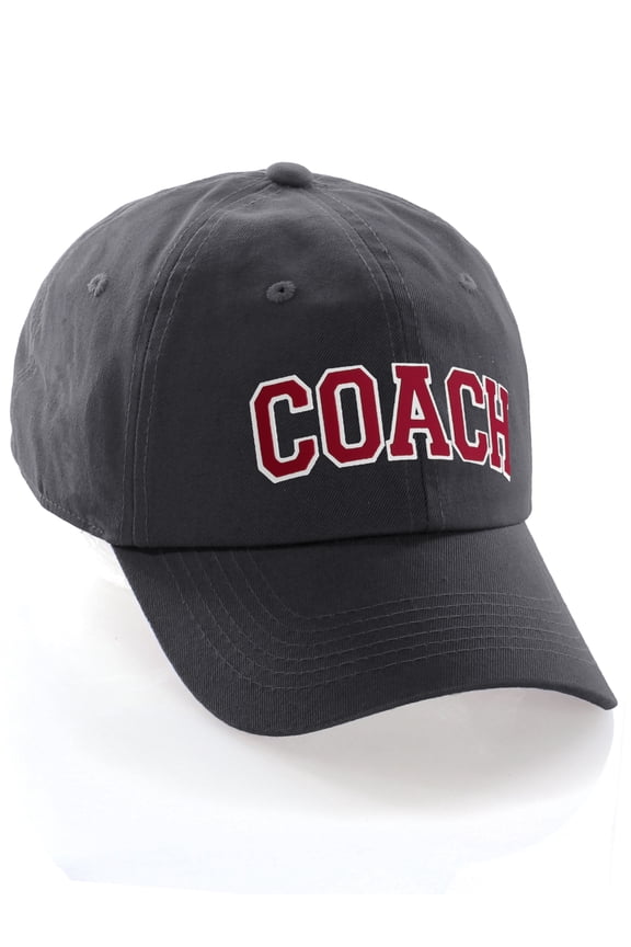 Sports Team Coach Baseball Hat Layered Arch Letters Unstructured Low Profile Cap, Grey Hat Whtie Red Letters