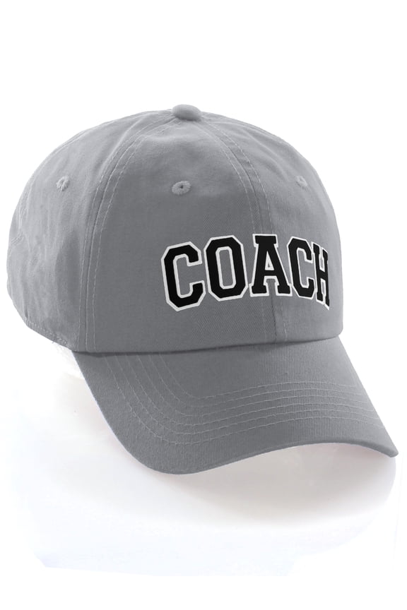 Sports Team Coach Baseball Hat Layered Arch Letters Unstructured Low Profile Cap, Light Grey Hat White Black Letters