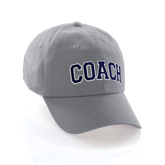 Sports Team Coach Baseball Hat Layered Arch Letters Unstructured Low Profile Cap, Light Grey Hat White Navy Letters