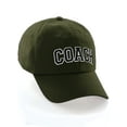 thumbnail image 1 of Sports Team Coach Baseball Hat Layered Arch Letters Unstructured Low Profile Cap, Olive Hat White Black Letters, 1 of 5