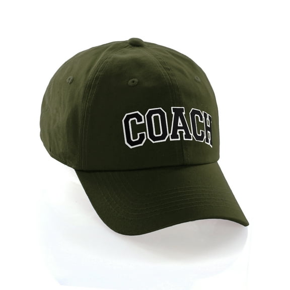 Sports Team Coach Baseball Hat Layered Arch Letters Unstructured Low Profile Cap, Olive Hat White Black Letters