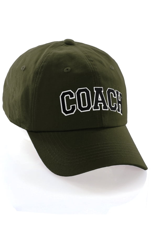 Sports Team Coach Baseball Hat Layered Arch Letters Unstructured Low Profile Cap, Olive Hat White Black Letters