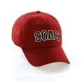 thumbnail image 1 of Sports Team Coach Baseball Hat Layered Arch Letters Unstructured Low Profile Cap, Red Hat White Black Letters, 1 of 7