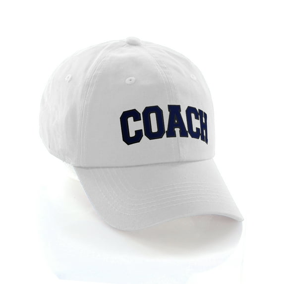 Sports Team Coach Baseball Hat Layered Arch Letters Unstructured Low Profile Cap, White Hat Black Navy Letters