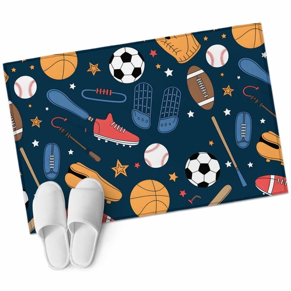 Sports Theme 2'x3' Washable Rug, Cartoon Soccer Baseball Basketball Star Blue Non-Slip Soft Doormat Area Rugs for Entrance Bathroom Bedsides, Carpet for Kitchen Bedroom, Entryway Floor Mat