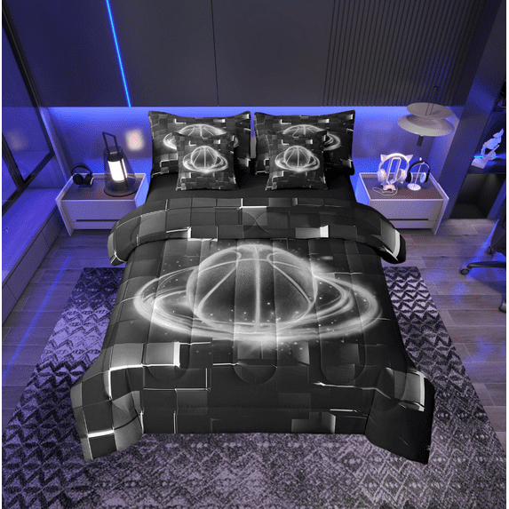 Sports Theme 7 Pcs Comforter Set Queen Size,Neon Light Basketball Bed in a Bag with Flat Sheet and Fitted Sheet and Adults,Hip Hop Bedding Set with Pillowcase and Shams