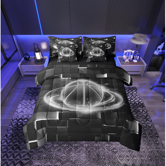 Sports Theme 7 Pcs Comforter Set Twin Size,Neon Light Basketball Bed in a Bag with Flat Sheet and Fitted Sheet and Adults,Hip Hop Bedding Set with Pillowcase and Shams