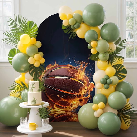 Sports Theme Arch Backdrop Cover, 4FT, Basketball on Fire Black Spandex Arch Covers Double-Sided Backdrop for Wedding Birthday Party Photo Background Decoration