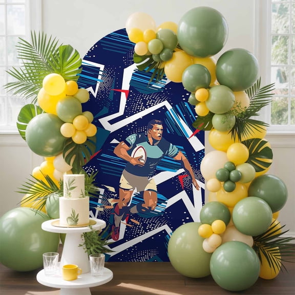 Sports Theme Arch Backdrop Cover, 5FT, Athletes Rugby Blue Geometric Spandex Arch Covers Double-Sided Backdrop for Wedding Birthday Party Photo Background Decoration