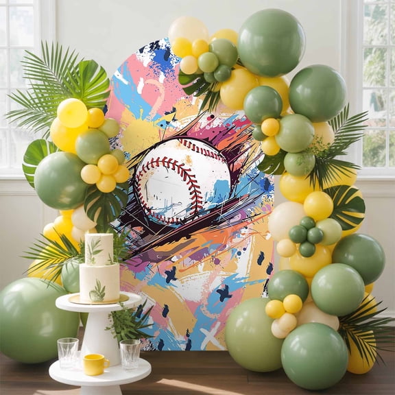 Sports Theme Arch Backdrop Cover, 5FT, Baseball Colorful Graffiti Spandex Arch Covers Double-Sided Backdrop for Wedding Birthday Party Photo Background Decoration