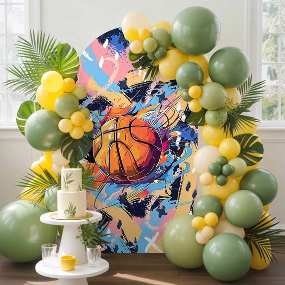 Sports Theme Arch Backdrop Cover, 5FT, Basketball Colorful Graffiti Spandex Arch Covers Double-Sided Backdrop for Wedding Birthday Party Photo Background Decoration