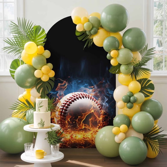Sports Theme Arch Backdrop Cover, 6FT, Baseball on Fire Spandex Arch Covers Double-Sided Backdrop for Wedding Birthday Party Photo Background Decoration