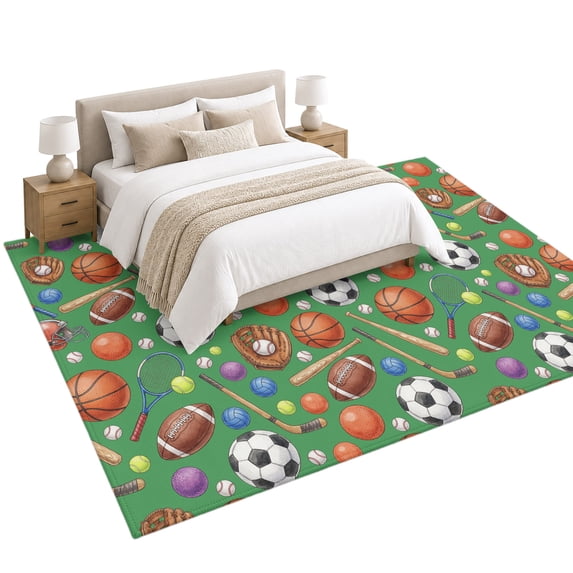 Sports Theme Area Rug 5'x8', Basketball Football Baseball Rugby Green ...