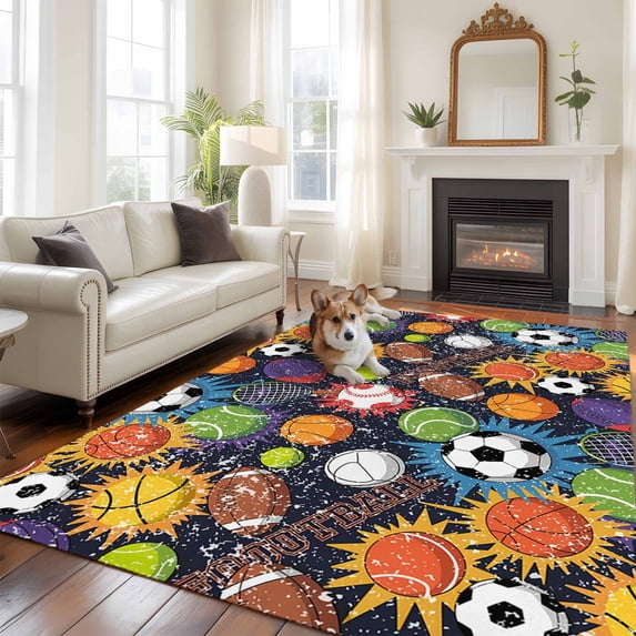 Sports Theme Area Rugs 5x7 ft Basketball Rugby Baseball Football Washable Rug Non Slip Indoor Carpet Absorbent Floor Mat for Living Room Bedroom Dining Room