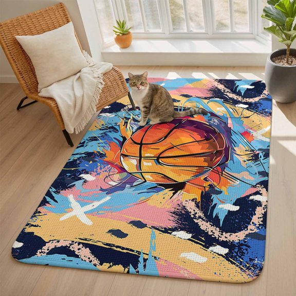 Sports Theme Area Rugs for Living Room 5x7, Basketball Colorful Graffiti Washable Area Rug with Non Slip Backing, Stain Resist Linen Carpet for Bedroom, Dining Room, Entryway, Entrance