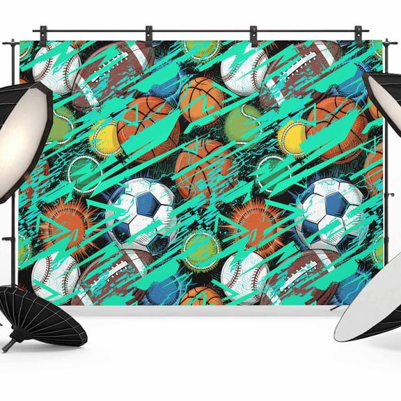 Sports Theme Backdrop for Photography,Fabric Photo Background Backdrop,Funny Abstract Football Rugby Basketball Photo Booth Background for Portrait Photoshoot Video Wedding Decoration Banner 7x5ft