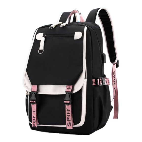 Sports Theme Backpack - USB Charging Port, Headphone Jack - Oxford Fabric Backpack - Black, White