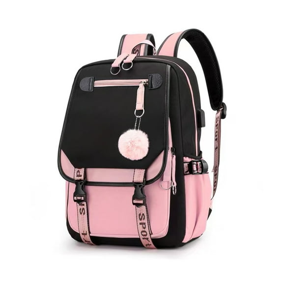 Sports Theme Backpack - USB Charging Port, Headphone Jack - Oxford Fabric Backpack - Pink, Black