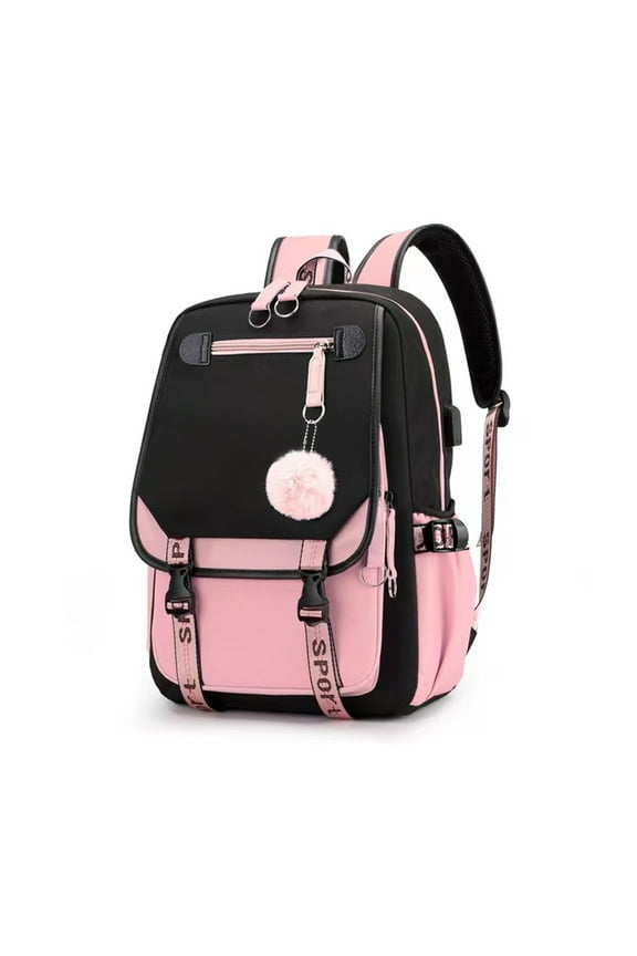 Sports Theme Backpack - USB Charging Port, Headphone Jack - Oxford Fabric Backpack - Pink, Black