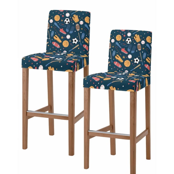 Sports Theme Bar Stool Covers Set of 2, Cartoon Soccer Baseball Basketball Star Blue Stretch Bar Chair Covers with Backs, Removable Pub Counter Height Chair Cover for Kitchen Dining Room Cafe