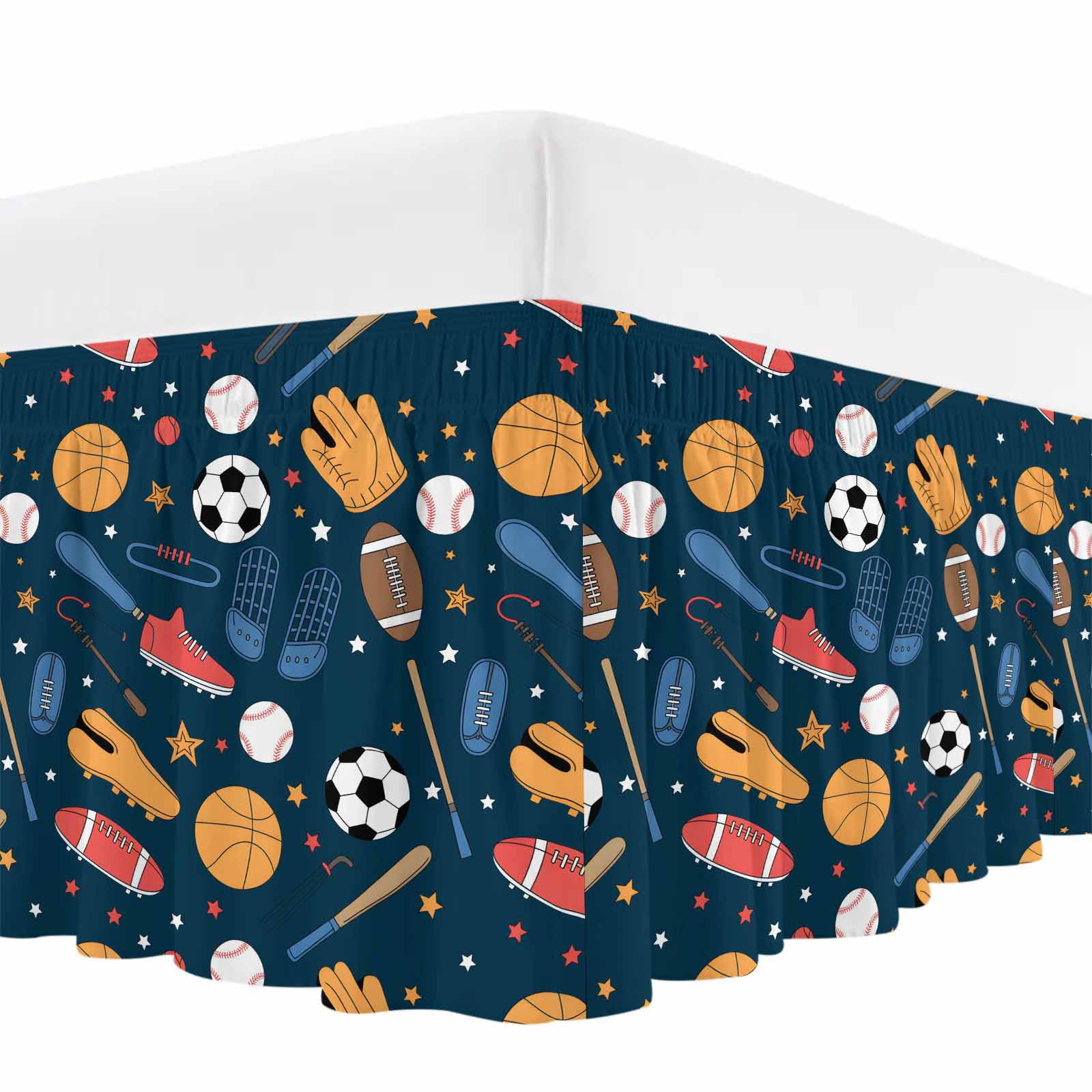 Sports Theme Bed Skirt Queen Size,Cartoon Soccer Baseball Basketball Star Blue Wrap Around Bed Skirting with Adjustable Elastic Strap,Dust Ruffle Pleated Bedskirts 16 Inch Drop for Bedroom Queen Beds