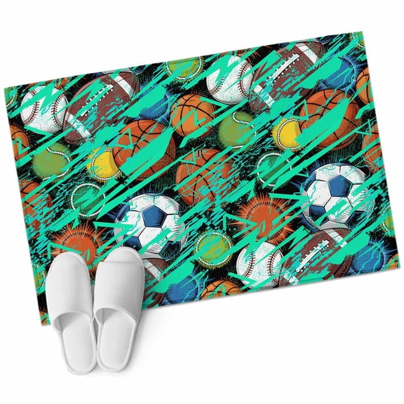 Sports Theme Entryway Rug 2x3 Area Rug Washable Indoor Doormat Small Bathroom Rugs Low Pile Accent Throw Rugs Funny Abstract Football Rugby Basketball Floor Carpet for Kitchen Bedroom Entrance