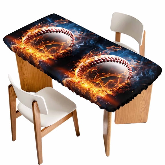 Sports Theme Fitted Rectangle Tablecloth 24" x 50" Baseball on Fire Elastic Table Cloth Fits for 4 Foot Folding Tables Waterproof Table Cover for Picnic Camping Outdoor
