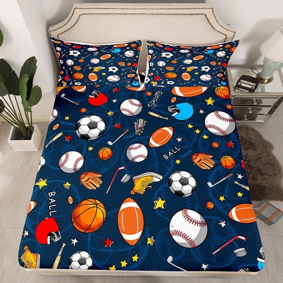 Sports Theme Fitted Sheet 3D Blue Ball Bedding Set Baseball Football Basketball Bed Sheet Set Microfiber Competitive Games Bed Cover Room Decor Twin Size