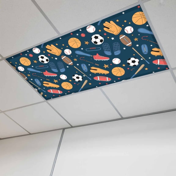 Sports Theme Fluorescent Light Covers, Cartoon Soccer Baseball Basketball Star Blue Magnetic Light Covers for Ceiling Lights, Fluorescent Ceiling Shade for Classroom Bedroom Office 4x2Ft x 1PCS