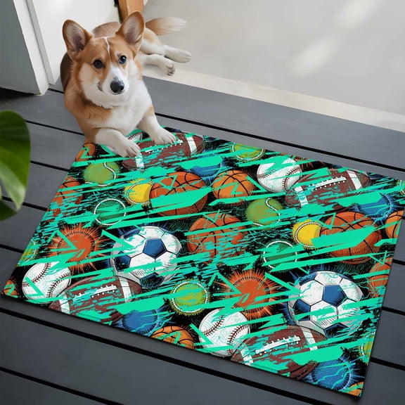 Sports Theme Front Door Rugs 2x3 ft Abstract Football Rugby Basketball Small Rug for Entryway Non Slip Washable Bathroom Door Mat Absorbent Floor Mat for Indoor Entrance