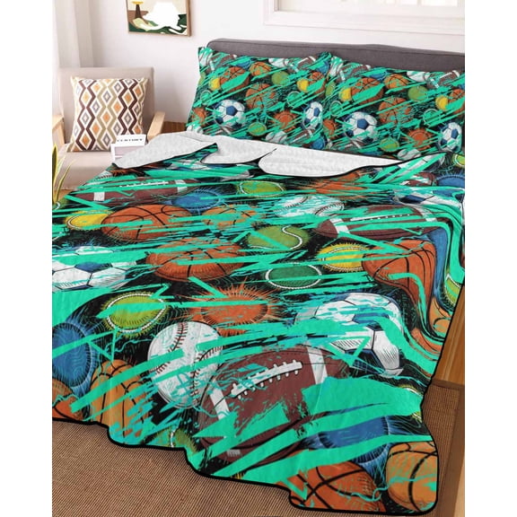 Sports Theme Full Size Down Alternative Comforter, Lightweight Comforter Quilt Bedding Set with Pillow Shams Funny Abstract Football Rugby Basketball All Seasons Bed Comforter Duvet Insert 78"x90"