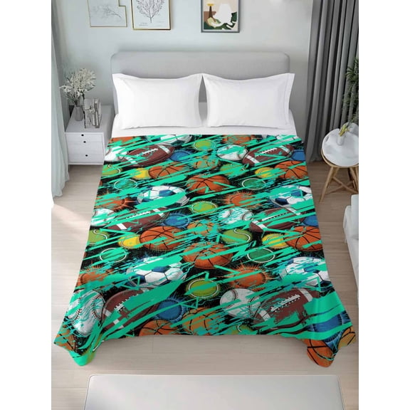 Sports Theme Full Size Flat Sheet, Wrinkleproof & Fadeproof Cooling Flat Bed Sheet Only, Funny Abstract Football Rugby Basketball Breathable Soft Bedding Top Sheets 81 x 96 Inches