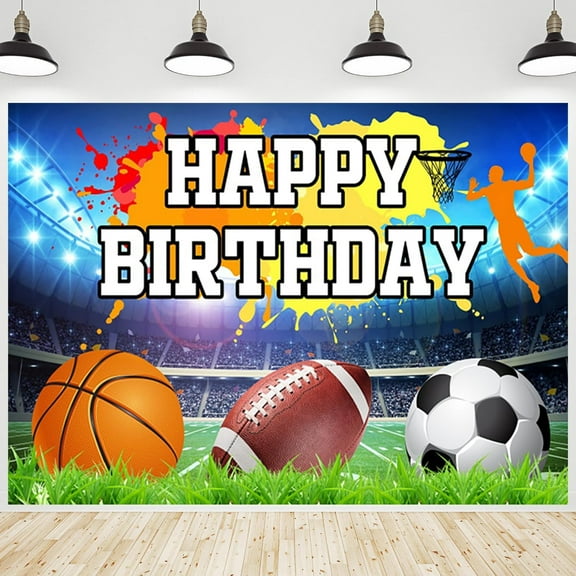 Sports Theme Happy Birthday Backdrop Football Basketball Soccer Sport Games Background Photography Banner for Boys Kids Birthday Sports Themed Party Decoration Supplies Photo Photo Booth Props